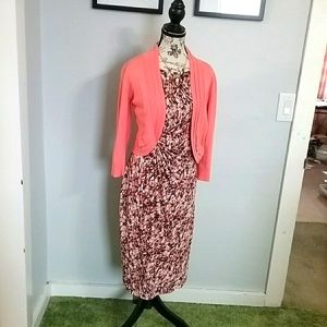 CONNECTED APPAREL EUC Spring Peach & Tan Print Size 12 Faux Wrap Dress